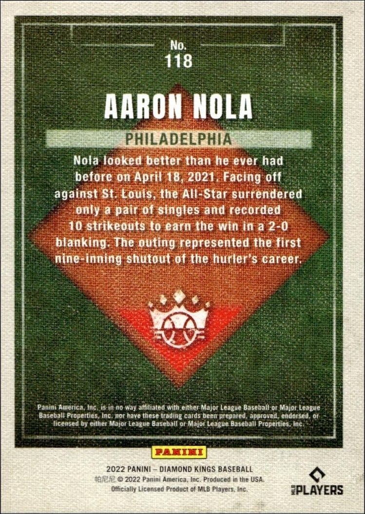 2022 Panini Diamond Kings Aaron Nola #118 baseball trading card back