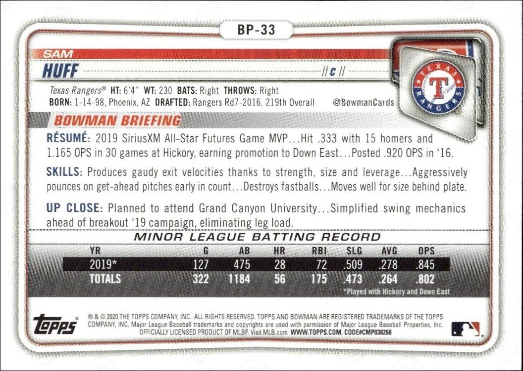 2020 Bowman Sam Huff #BP-33 baseball trading card back