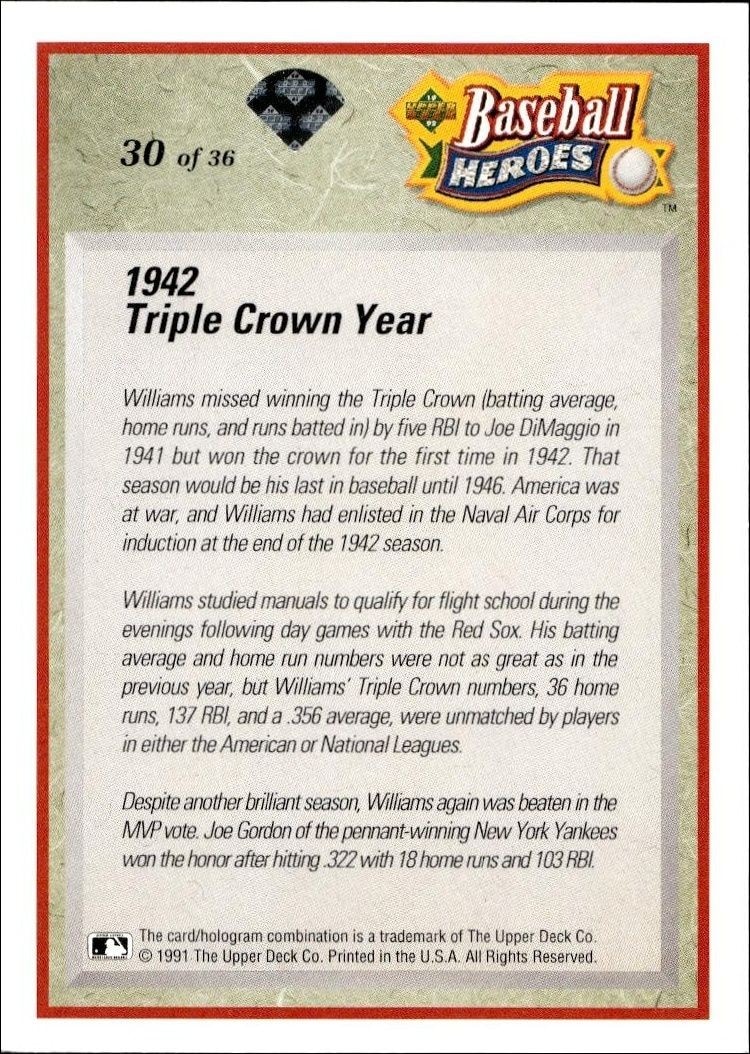 1991 Upper Deck Ted Williams #30 baseball trading card back