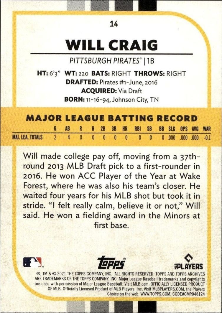 2021 Topps Archives Snapshots Will Craig #14 baseball trading card back