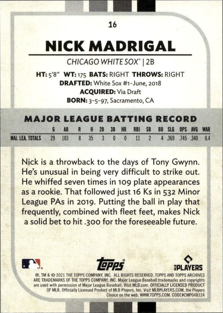 2021 Topps Archives Snapshots Nick Madrigal #16 baseball trading card back