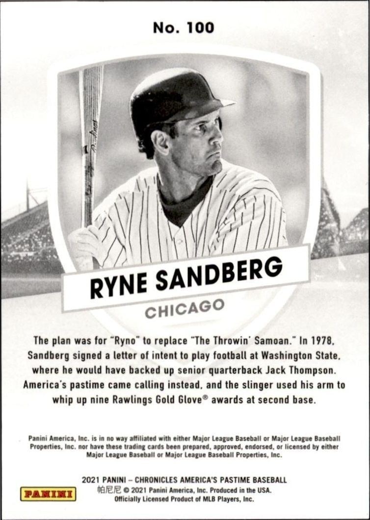 2021 Panini Chronicles Ryne Sandberg #100 baseball trading card back