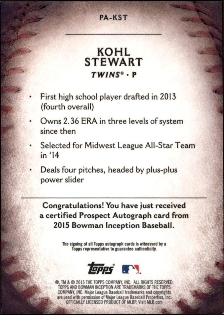 2015 Bowman Inception Kohl Stewart #PA-KST baseball trading card back