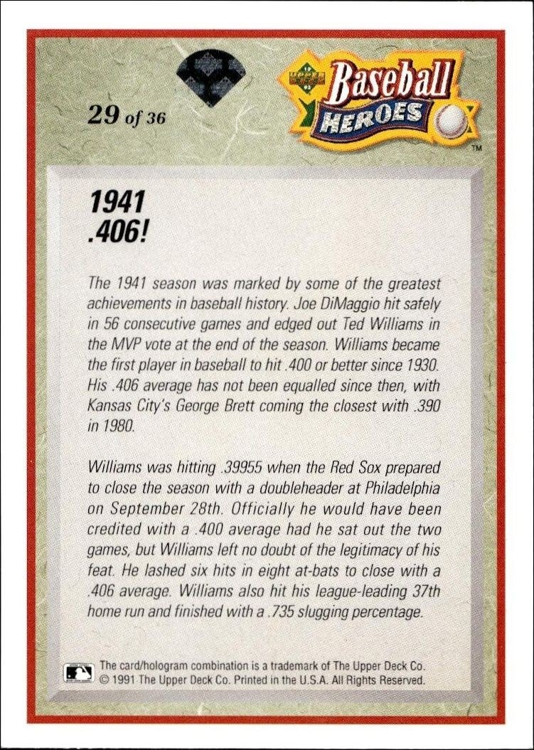 1992 Upper Deck Ted Williams #29 baseball trading card back