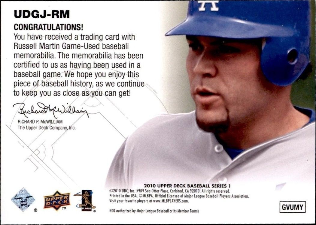 2010 Upper Deck Russell Martin #UDGJ-RM baseball trading card back