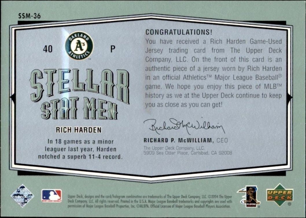 2004 Upper Deck Vintage Rich Harden #SSM-36 baseball trading card back