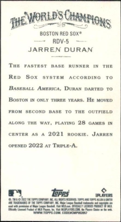 2022 Topps Allen & Ginter Jarren Duran #RDV-5 baseball trading card back