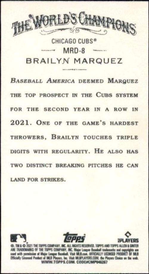 2021 Topps Allen & Ginter Brailyn Marquez #MRD-8 baseball trading card back
