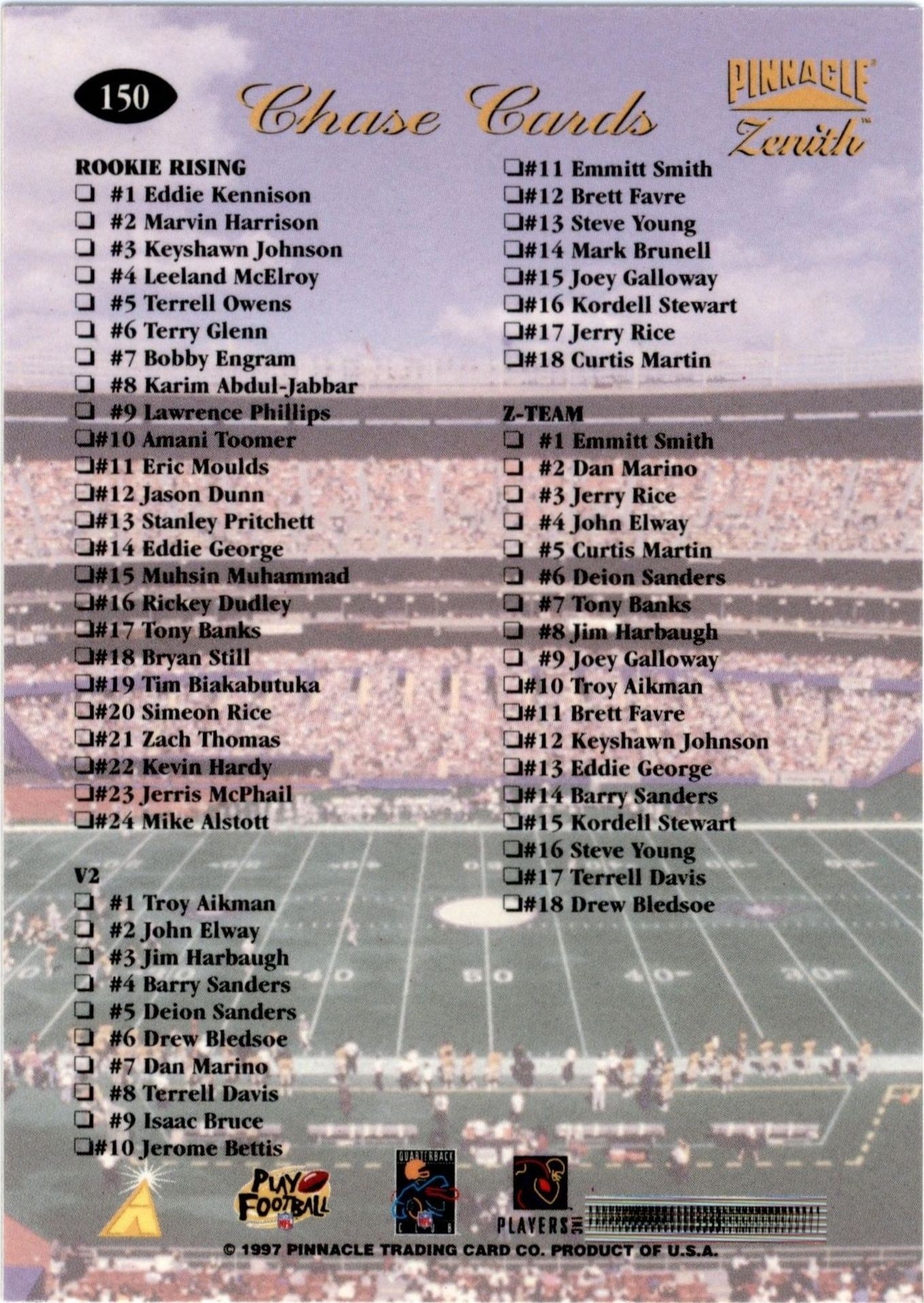 1997 Pinnacle Zenith Dan Marino #150 football trading card back