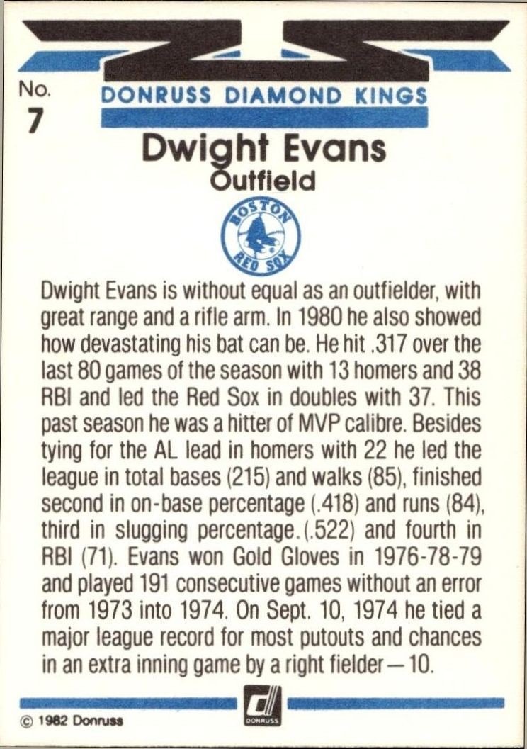 1982 Donruss Dwight Evans #7 baseball trading card back