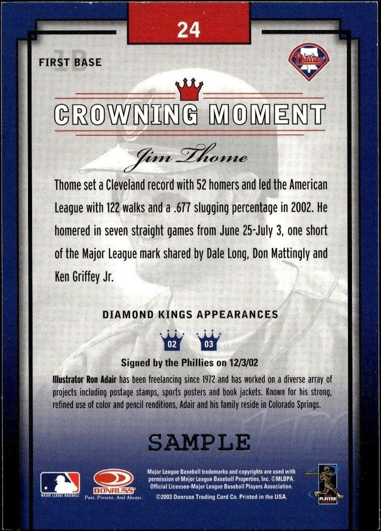 2003 Donruss Diamond Kings Jim Thome #24 baseball trading card back
