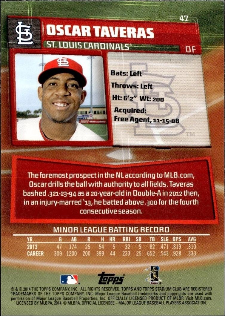 2014 Topps Stadium Club Oscar Taveras #47 baseball trading card back