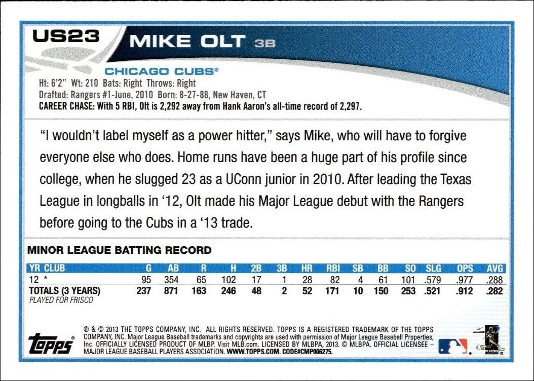 2013 Topps Update Series Mike Olt #US23 baseball trading card back