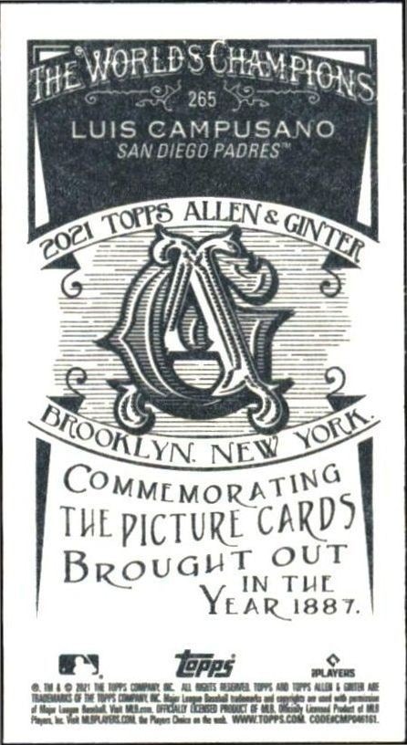 2021 Topps Allen & Ginter Luis Campusano #265 baseball trading card back
