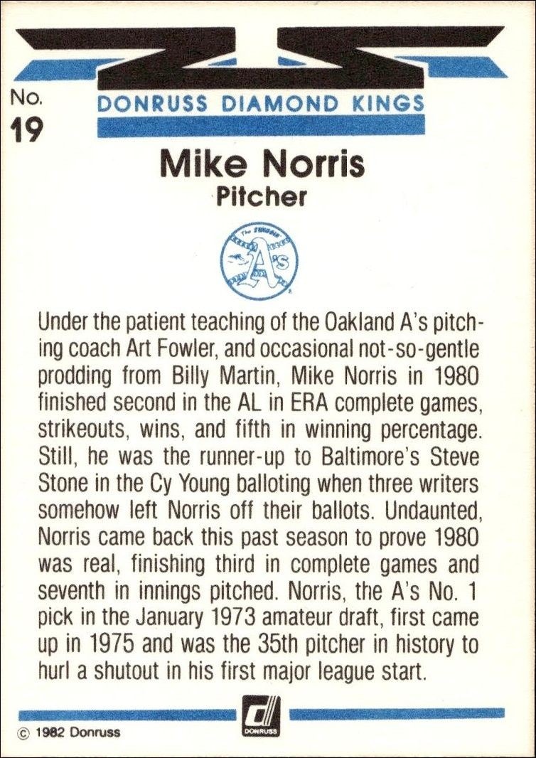 1982 Donruss Mike Norris #19 baseball trading card back