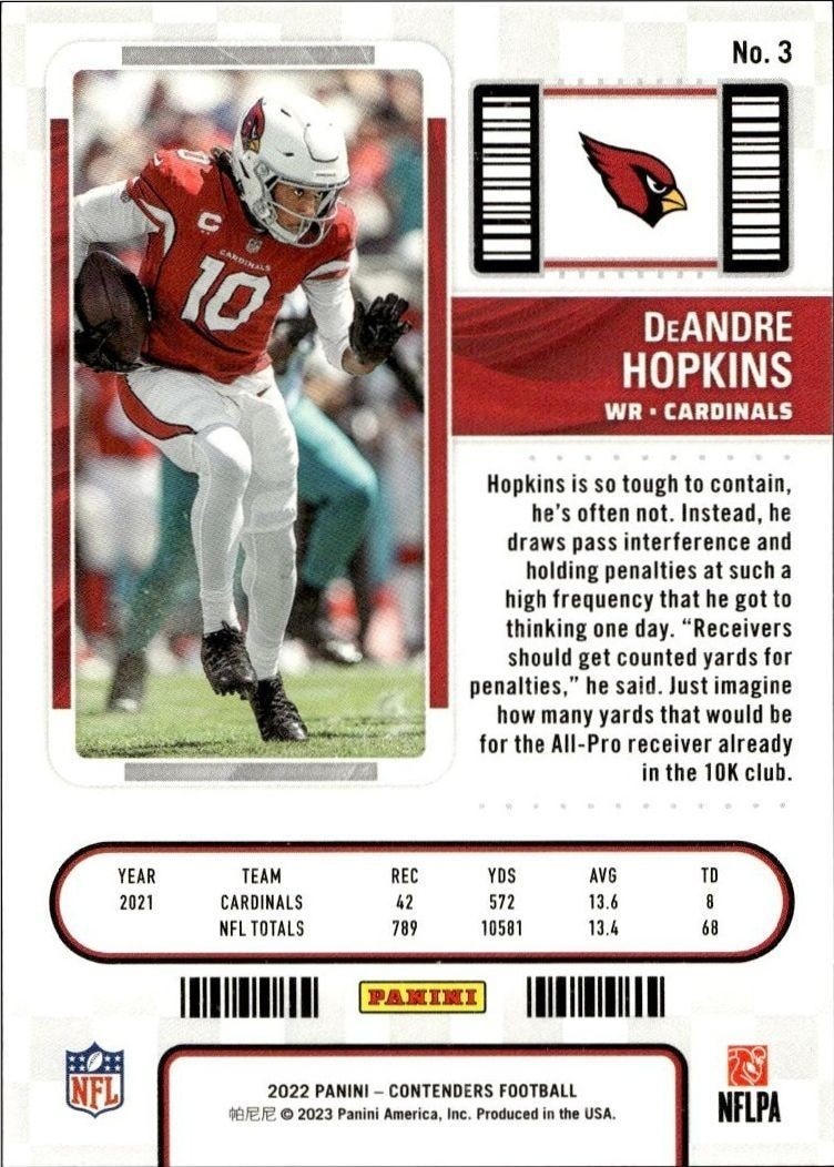 2022 Panini Contenders DeAndre Hopkins #3 football trading card back