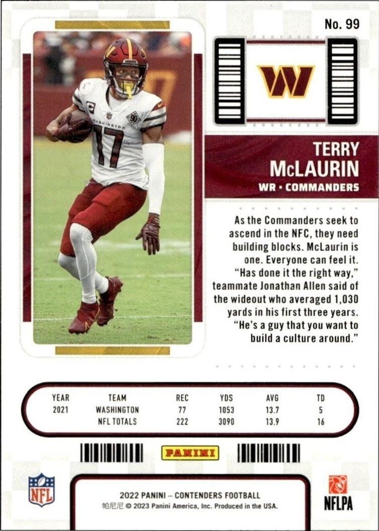2022 Panini Contenders Terry McLaurin #99 football trading card back