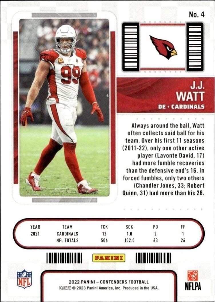 2022 Panini Contenders J.J. Watt #4 football trading card back