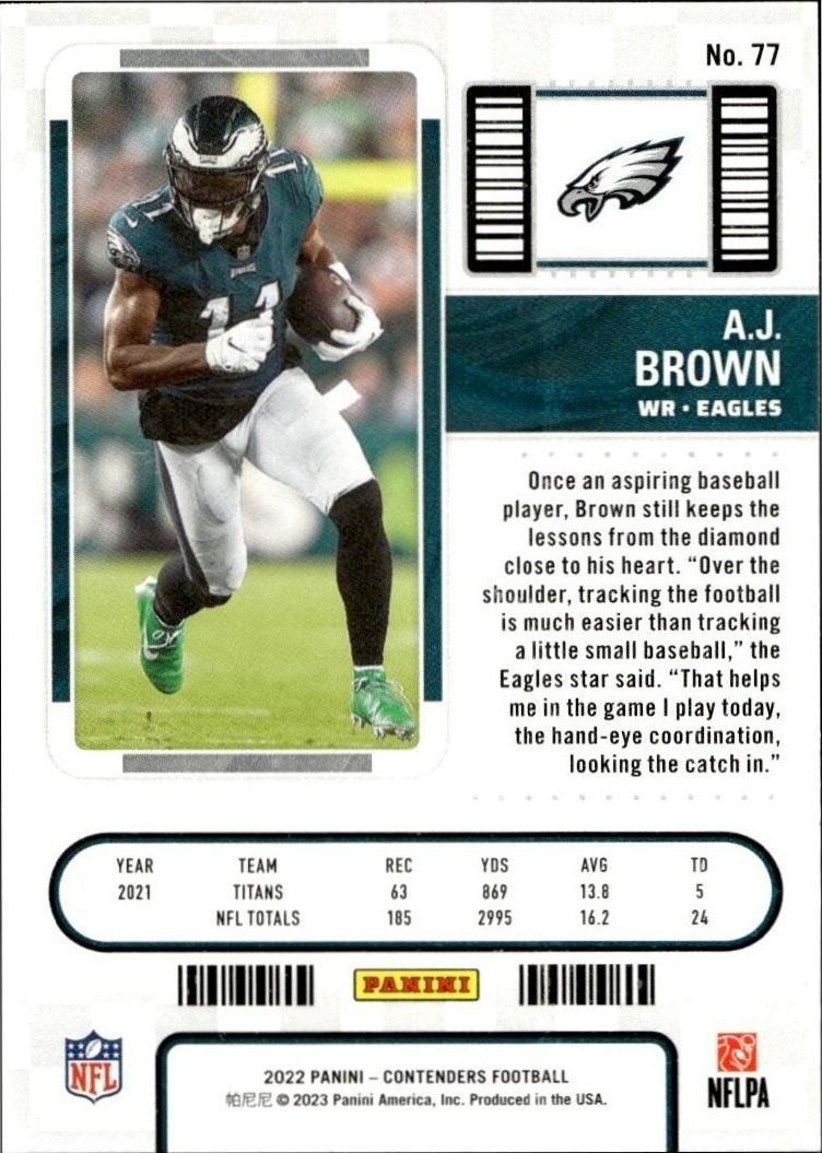 2022 Panini Contenders A.J. Brown #77 football trading card back