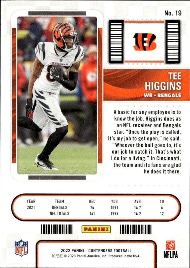 2022 Panini Contenders Tee Higgins #19 football trading card back