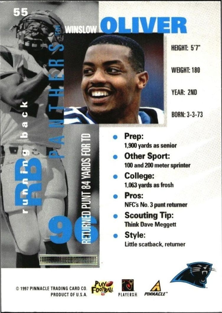 1997 Pinnacle Inside Winslow Oliver #55 football trading card back