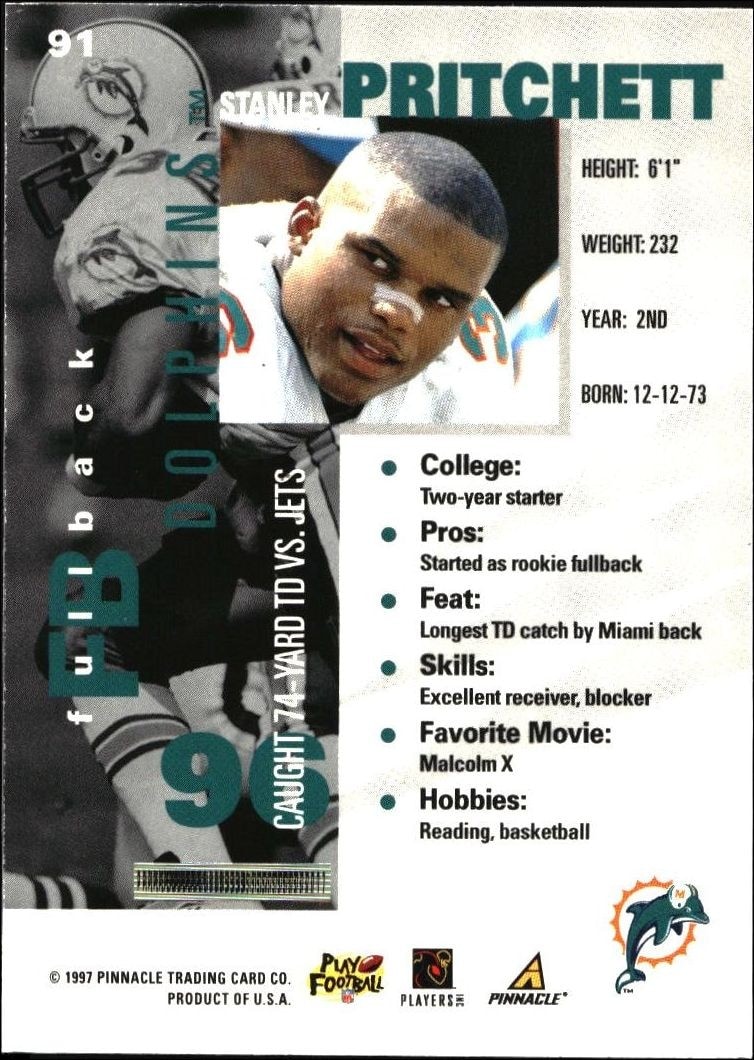 1997 Pinnacle Inside Stanley Pritchett #91 football trading card back