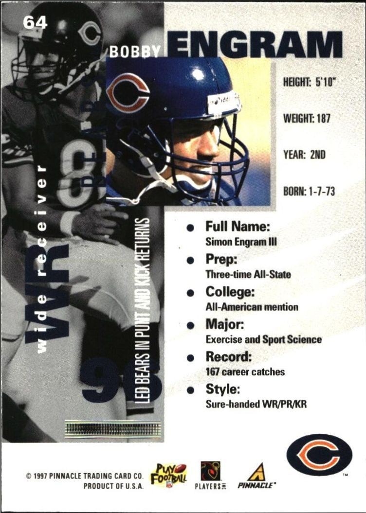 1997 Pinnacle Inside Bobby Engram #64 football trading card back
