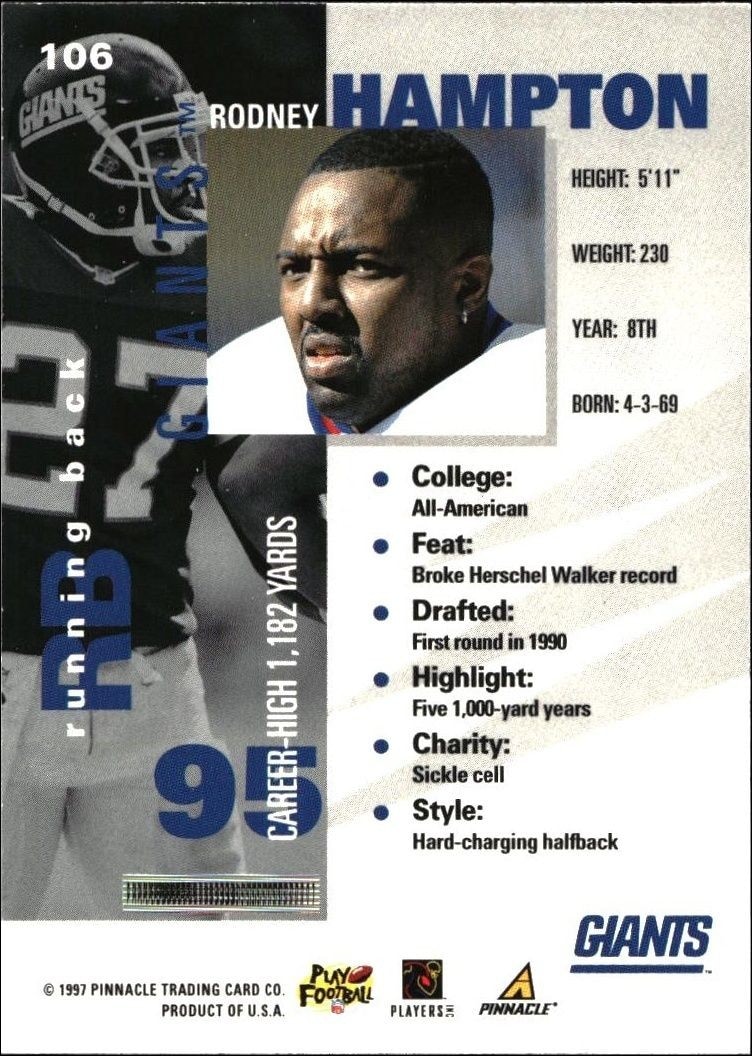 1997 Pinnacle Inside Rodney Hampton #106 football trading card back