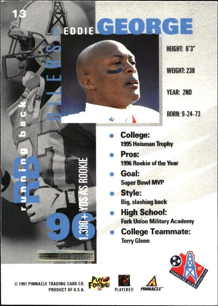 1997 Pinnacle Inside Eddie George #13 football trading card back