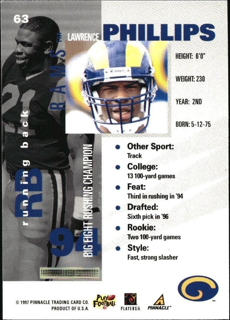 1997 Pinnacle Inside Lawrence Phillips #63 football trading card back