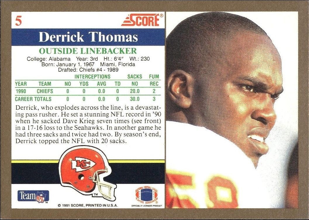 1991 Score Derrick Thomas #5 football trading card back