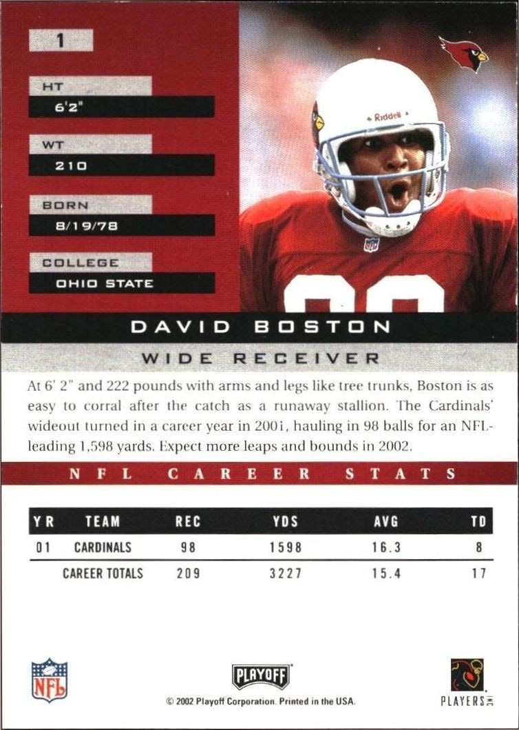 2002 Playoff Honors David Boston #1 football trading card back