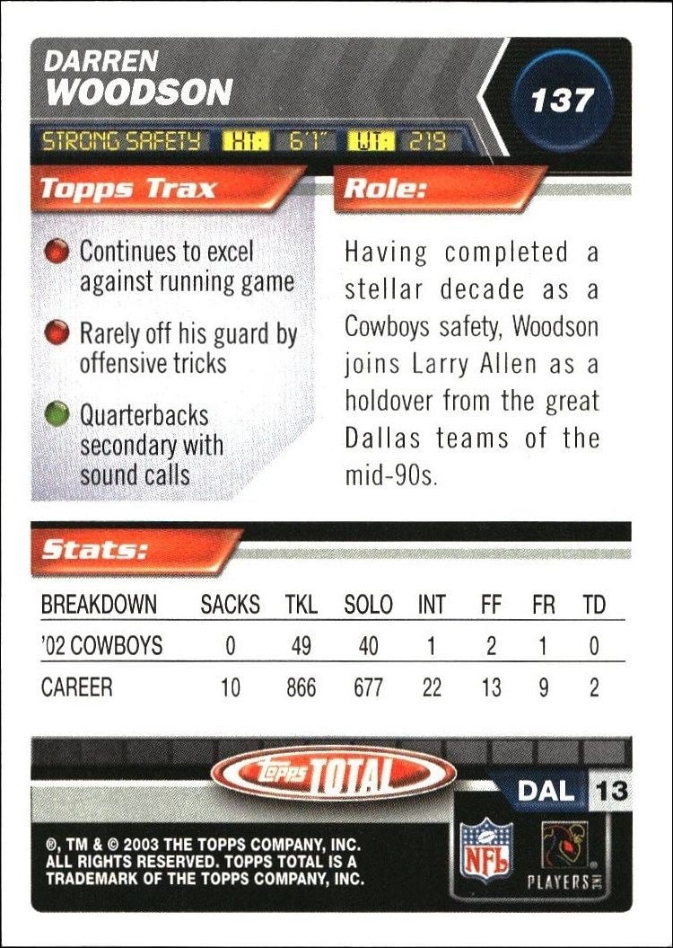 2003 Topps Total Darren Woodson #137 football trading card back