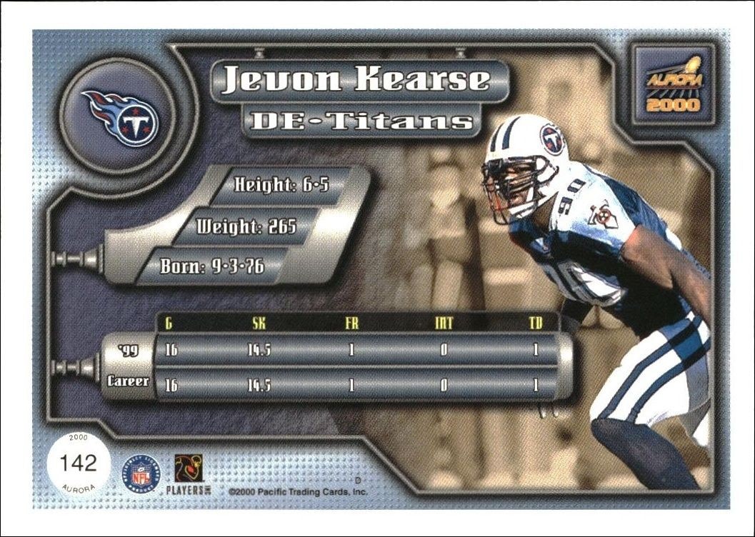 2000 Pacific Aurora Jevon Kearse #142 football trading card back