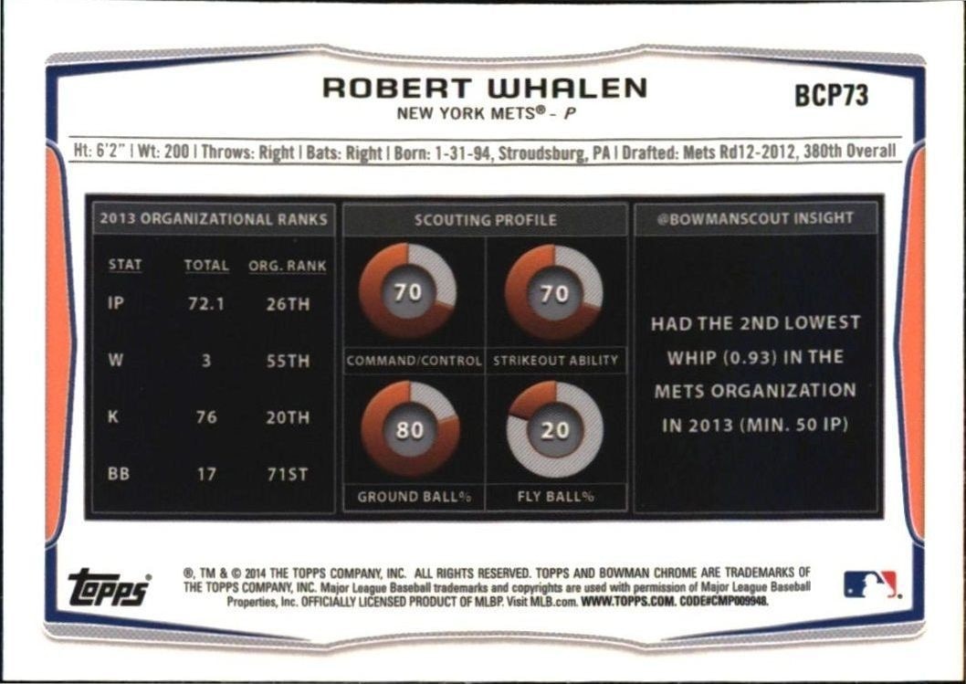 2014 Bowman Robert Whalen #BCP73 baseball trading card back