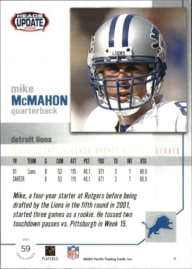 2002 Pacific Heads Update Mike McMahon #59 football trading card back