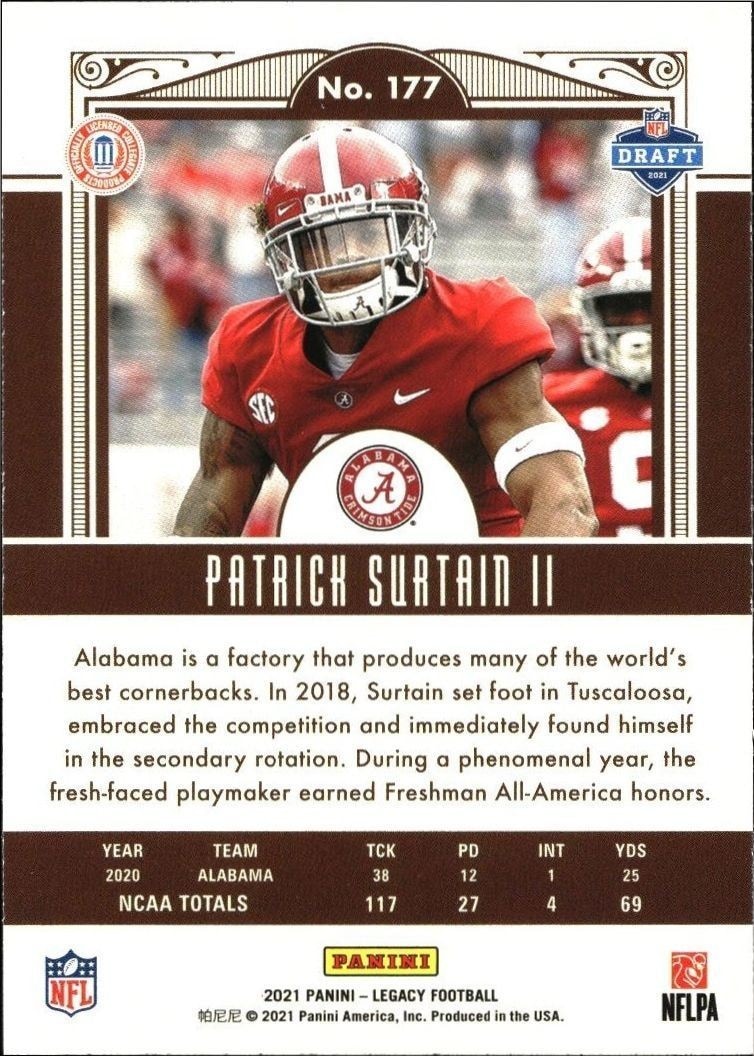 2021 Panini Legacy Patrick Surtain II #177 football trading card back