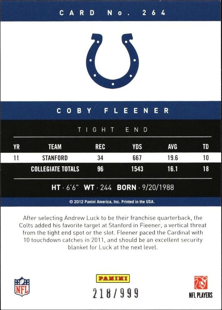 2012 Panini Prestige Coby Fleener #264 football trading card back