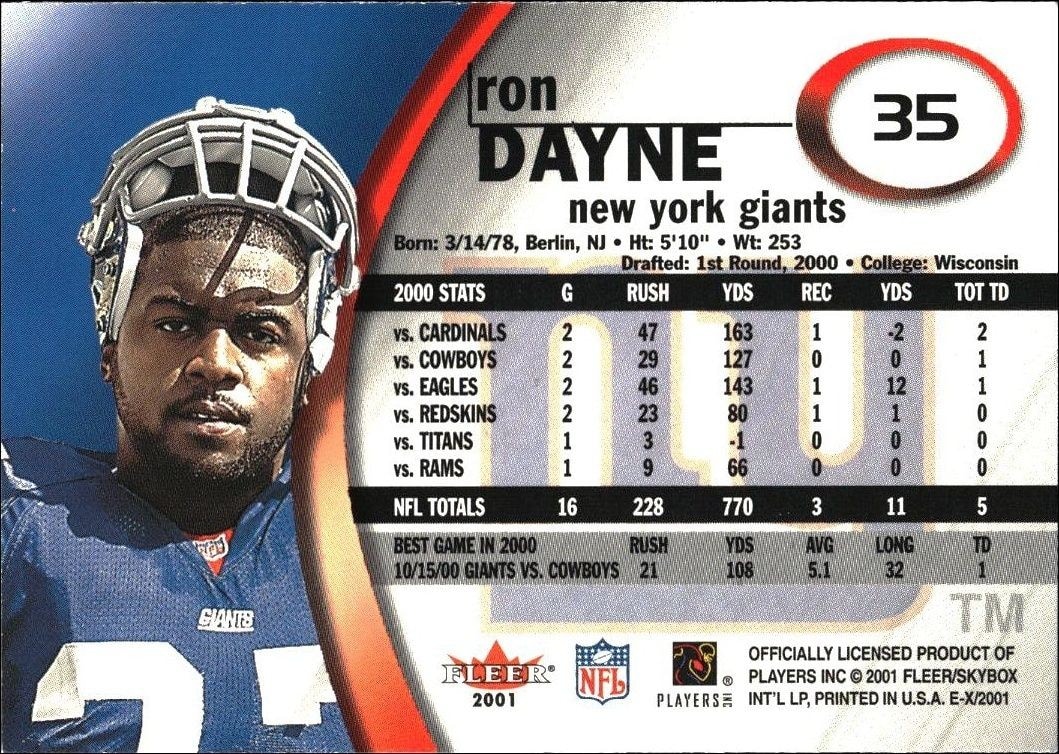 2001 Fleer E-X Ron Dayne #35 football trading card back