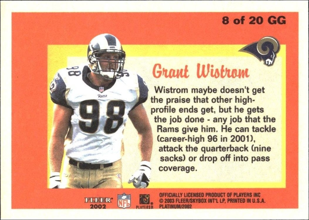 2002 Fleer Platinum Grant Wistrom #8 football trading card back