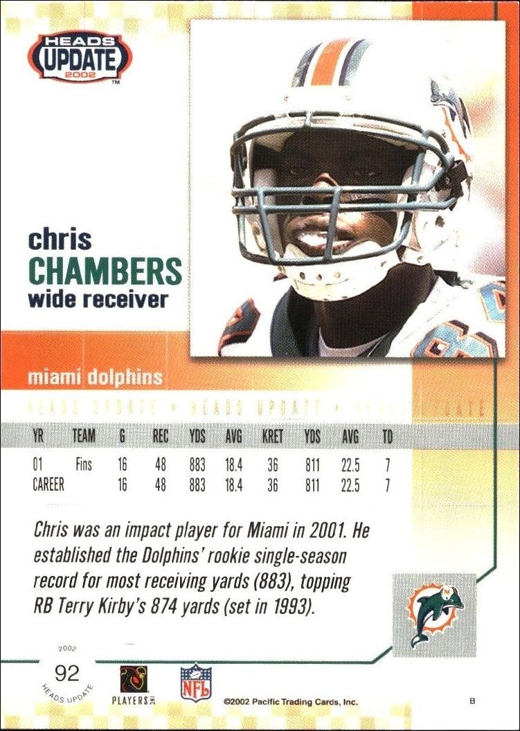 2002 Pacific Heads Update Chris Chambers #92 football trading card back