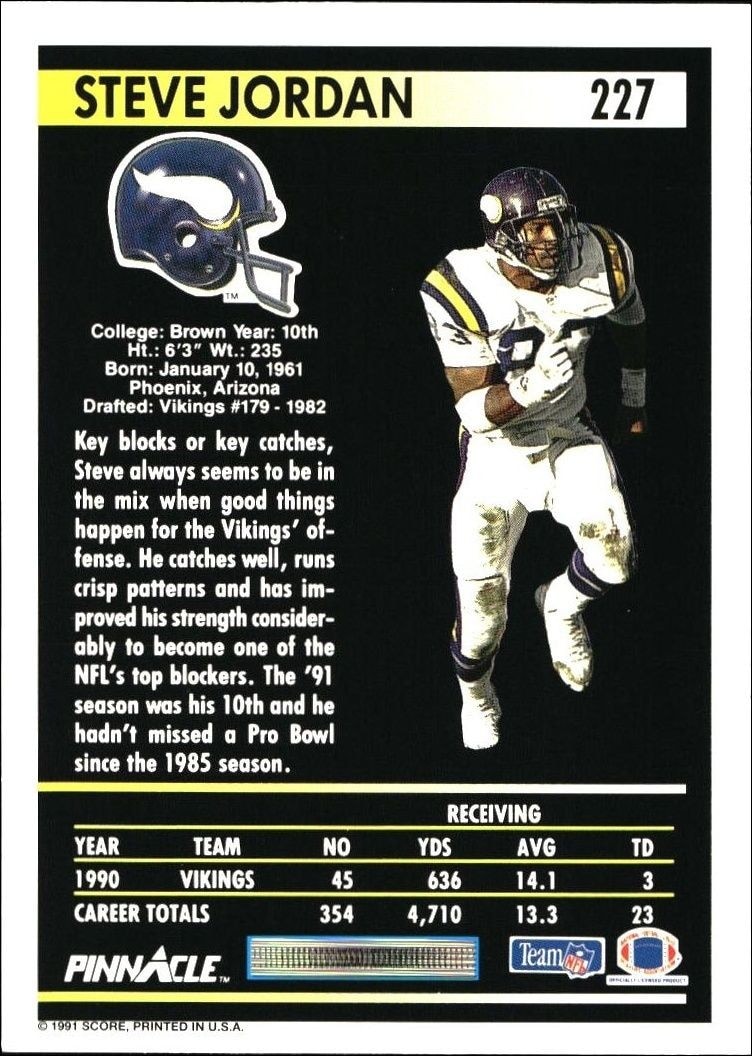 1991 Pinnacle Steve Jordan #227 football trading card back