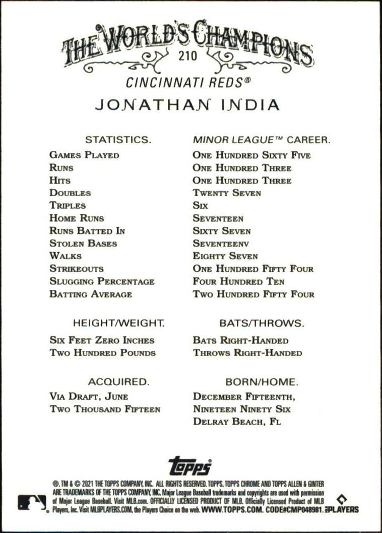 2021 Topps Allen & Ginter Chrome Jonathan India #210 baseball trading card back