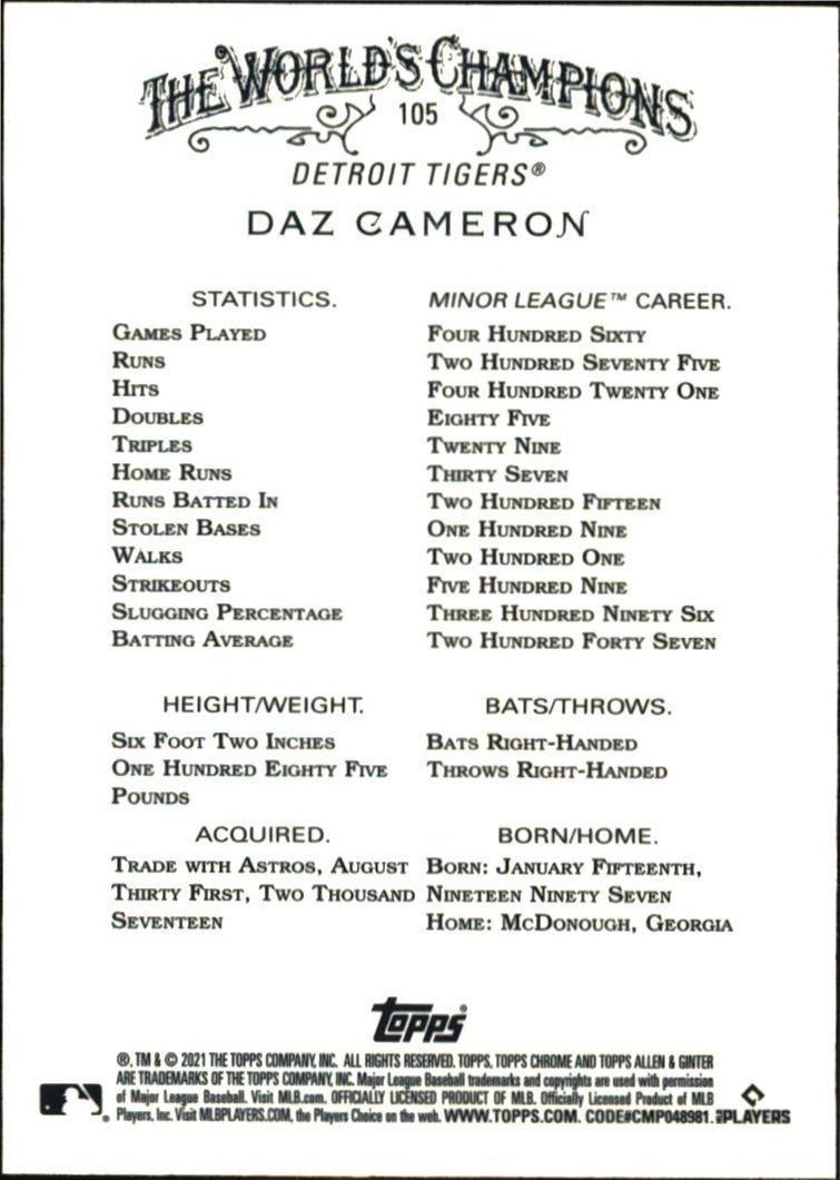 2021 Topps Allen & Ginter Chrome Daz Cameron #105 baseball trading card back