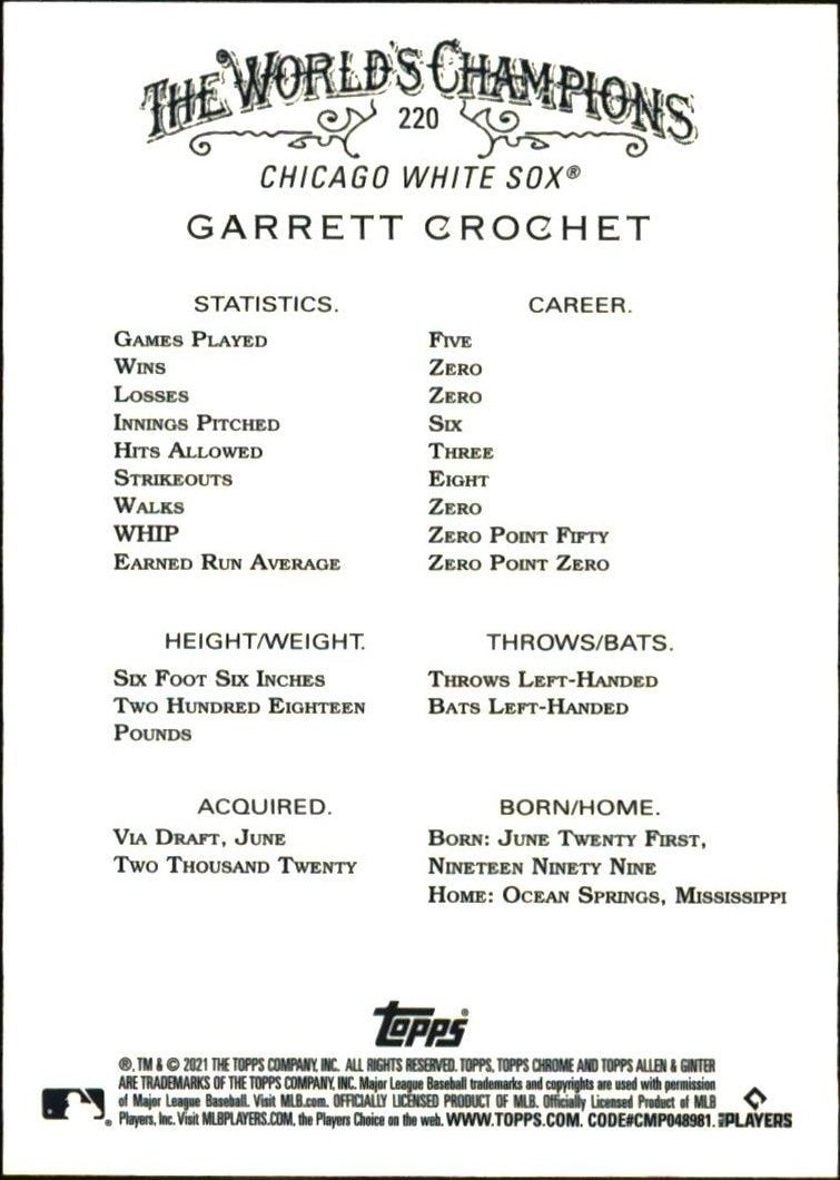 2021 Topps Allen & Ginter Chrome Garrett Crochet #220 baseball trading card back