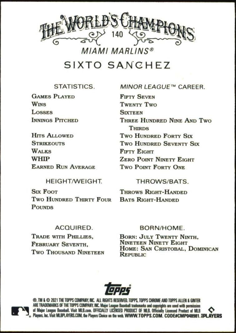 2021 Topps Allen & Ginter Chrome Sixto Sanchez #140 baseball trading card back