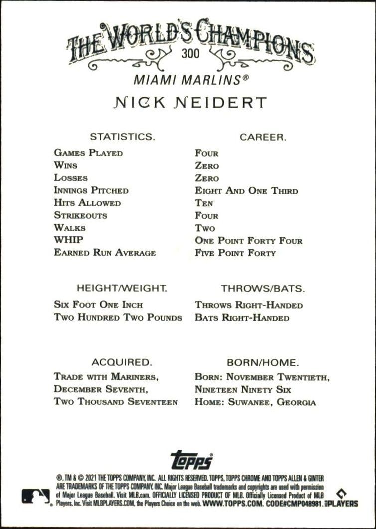 2021 Topps Allen & Ginter Chrome Nick Neidert #300 baseball trading card back