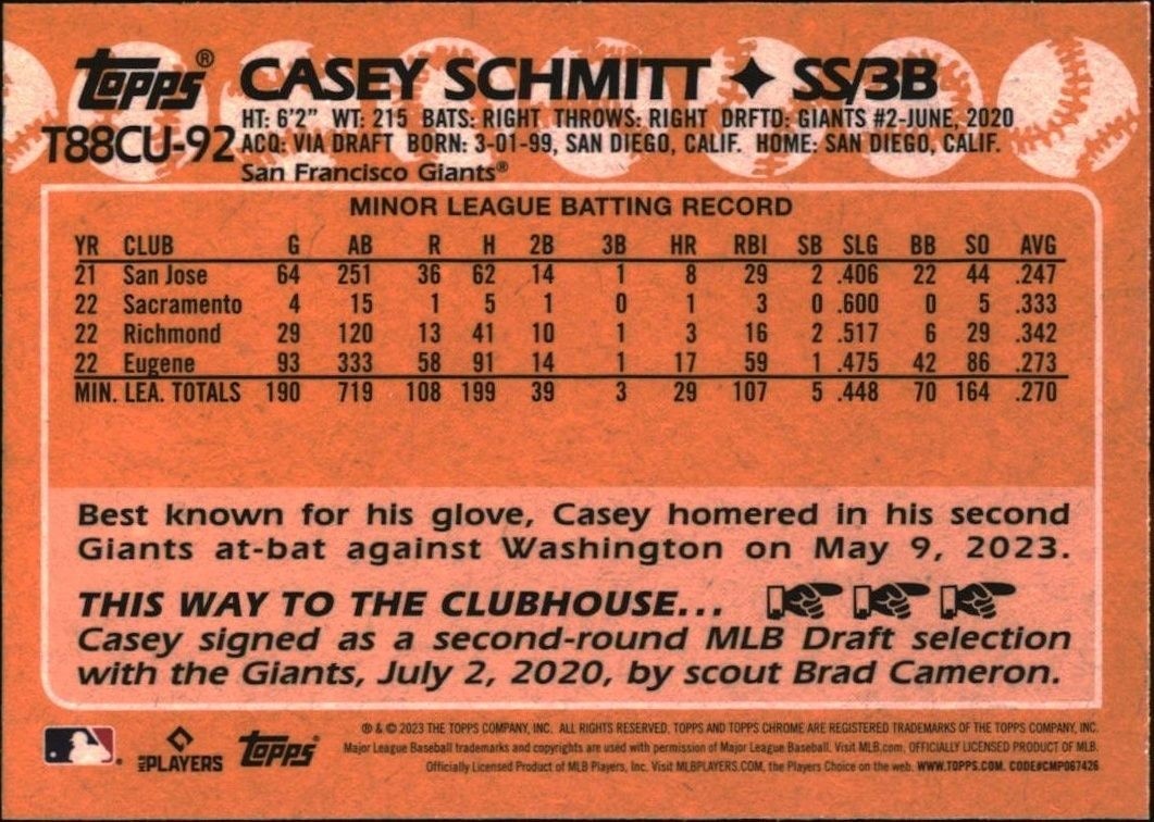2023 Topps Chrome Update Casey Schmitt #T88CU-92 baseball trading card back