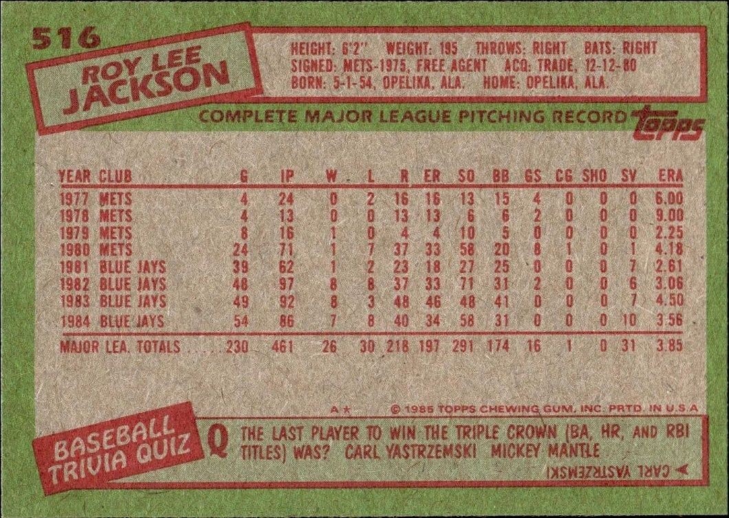 1985 Topps Roy Lee Jackson #516 baseball trading card back