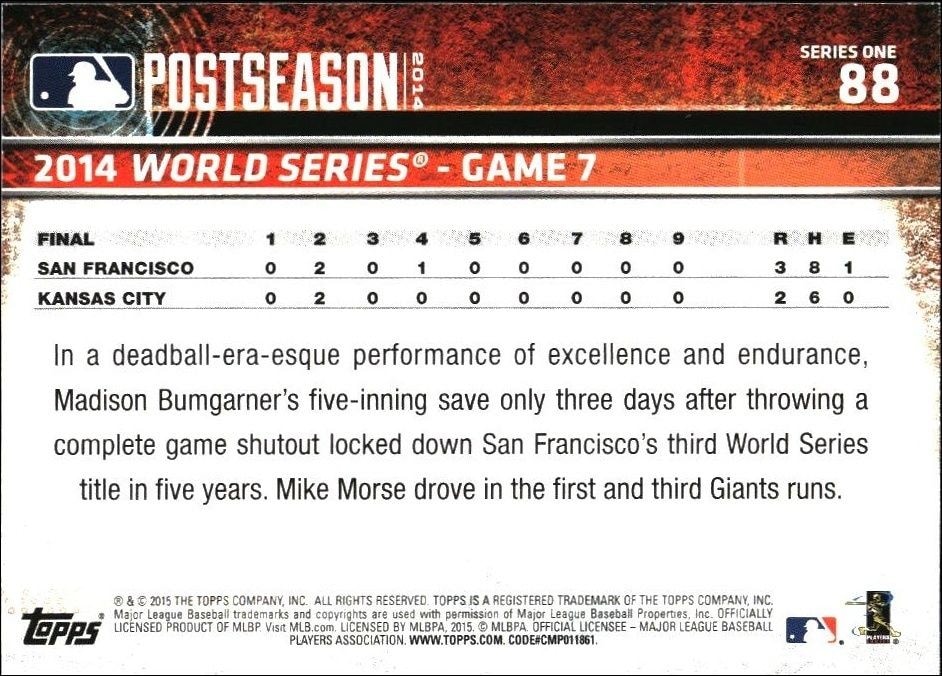 2015 Topps Madison Bumgarner #88 baseball trading card back